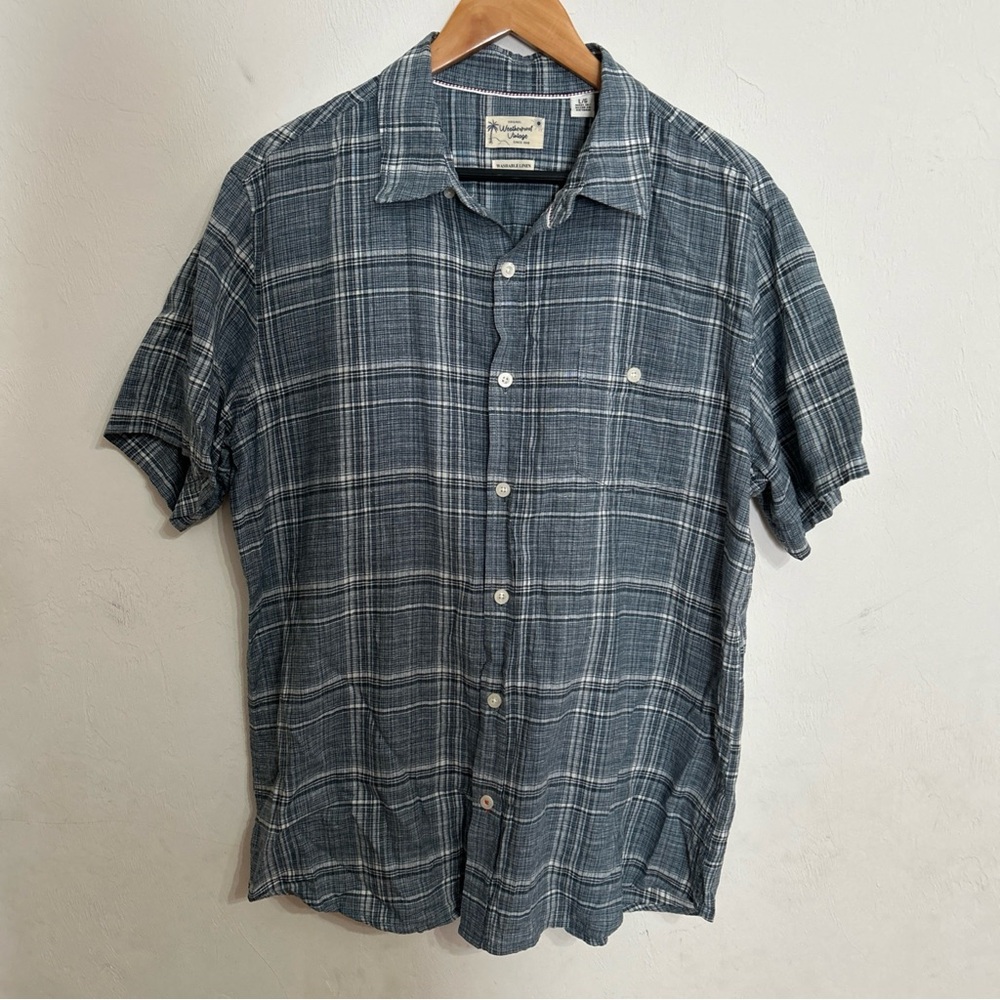Weatherproof Linen Shirt Navy Plaid Button-Down Shirt Size Large Washable.